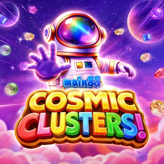 Tampilan visual slot Cosmic Clusters dengan grid 6x6 dan latar belakang nebula ungu.